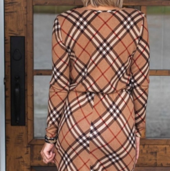 Plaid Designer Style Mocha Dress - Picture 5 of 7